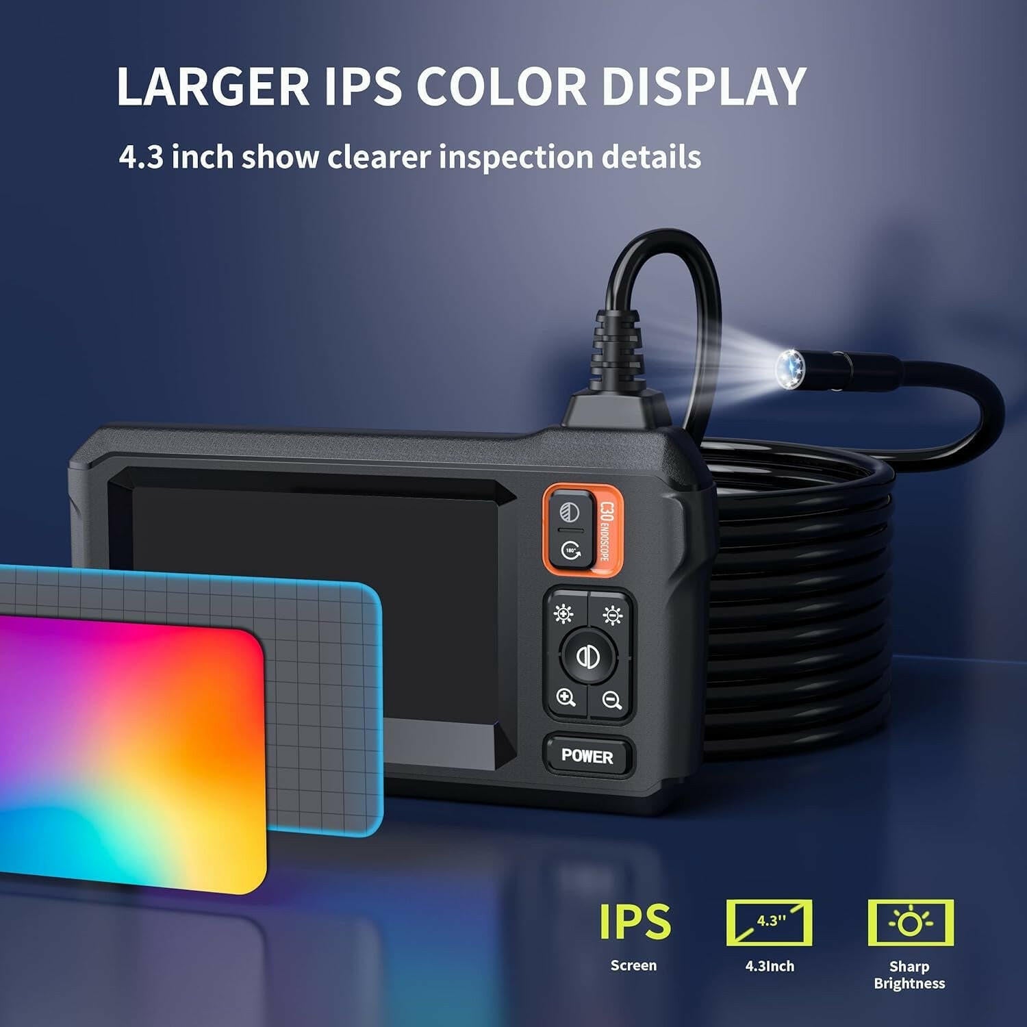 Endoscope Camera with Light, Borescope Camera with 4.3" IPS Screen, 1080P HD with 8 LED Lights, 16.4FT Semi-Rigid Cord Bore Scope, IP67 Waterproof Endoscope for Sewer, Gadgets for Men