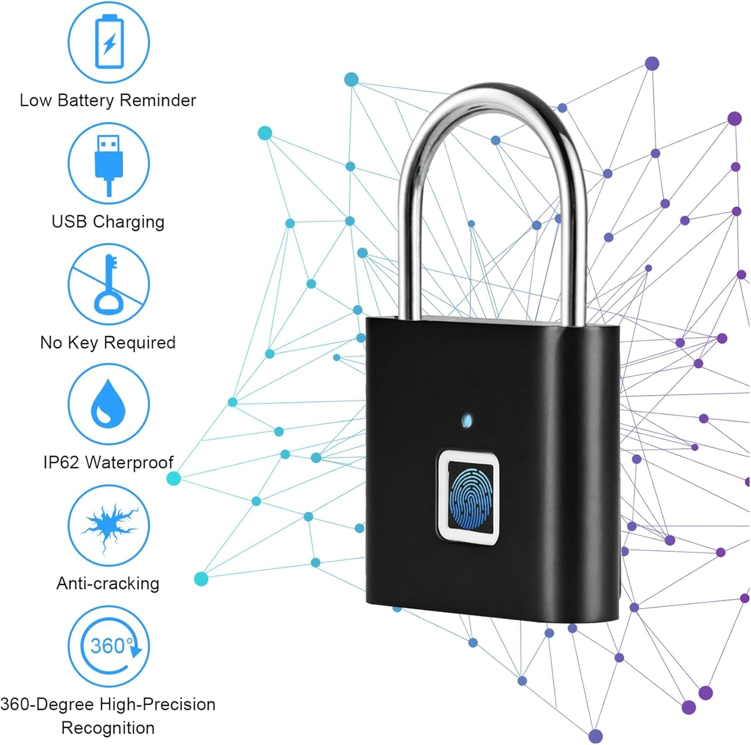 Fingerprint Padlock, Household Anti-Theft Door Lock, Suitable for Luggage, Luggage, Door Cabinets, Container Cars, Bicycles, Black, Can Enter 10 Fingerprints