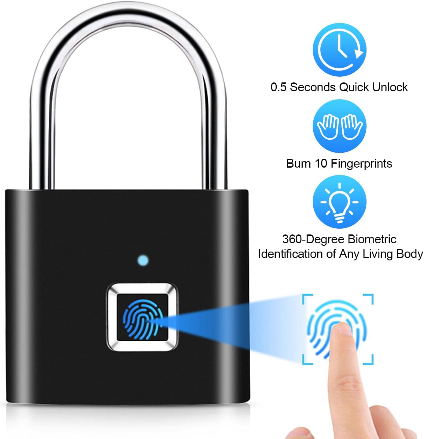 Fingerprint Padlock, Household Anti-Theft Door Lock, Suitable for Luggage, Luggage, Door Cabinets, Container Cars, Bicycles, Black, Can Enter 10 Fingerprints