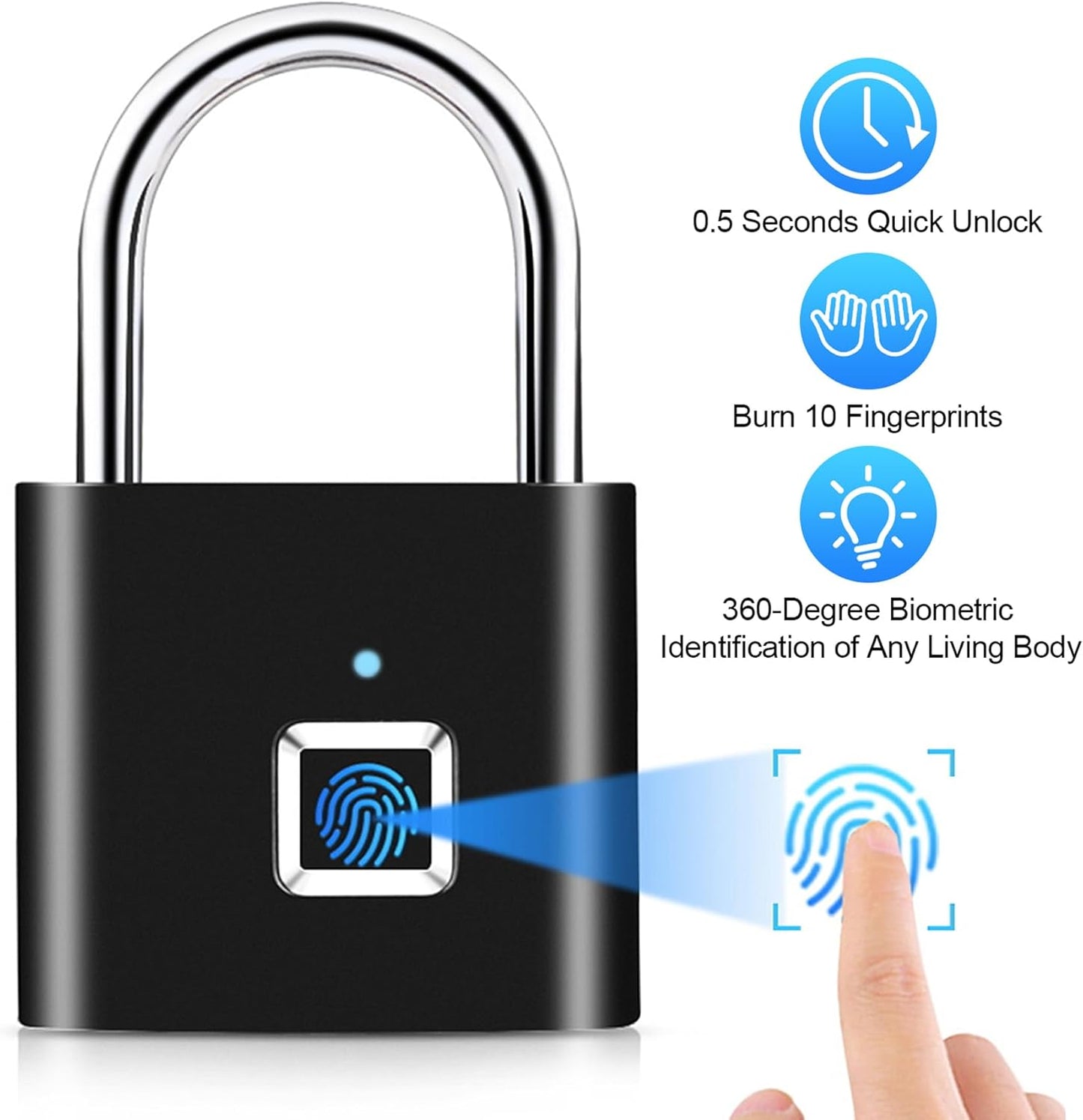 Fingerprint Padlock, Household Anti-Theft Door Lock, Suitable for Luggage, Luggage, Door Cabinets, Container Cars, Bicycles, Black, Can Enter 10 Fingerprints